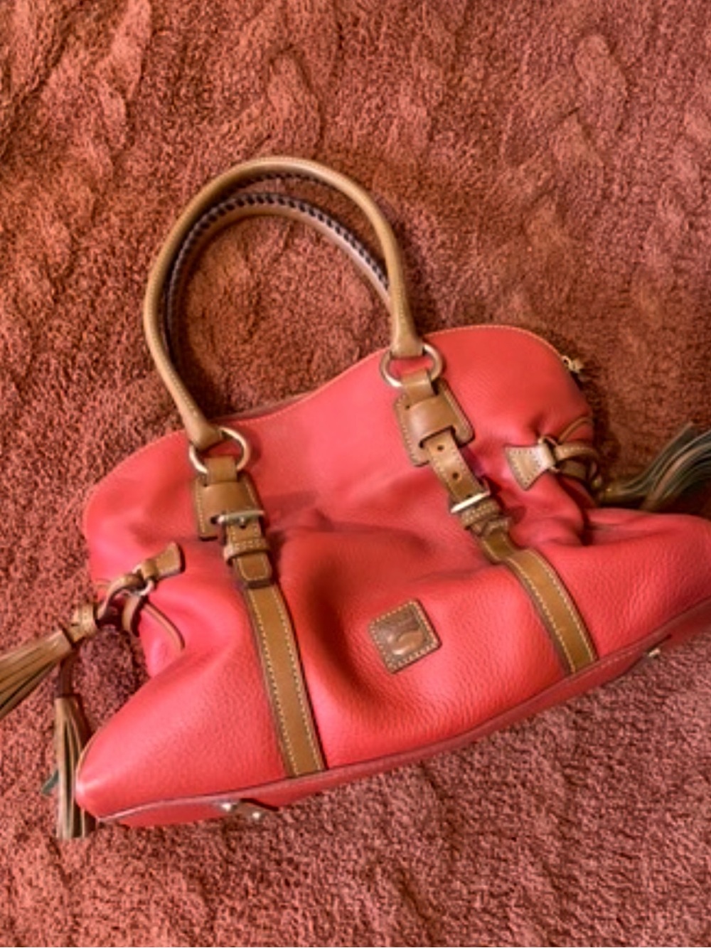 Dooney & Bourke Red Leather Satchel with Brown Trim and Tassels